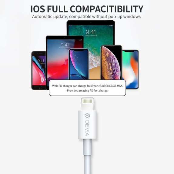 Καλώδιο Lightning / USB-C Smart, PD 20W, 1m, λευκό, Devia