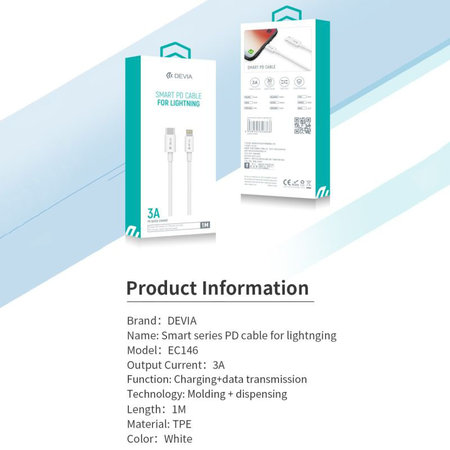 Καλώδιο Lightning / USB-C Smart, PD 20W, 1m, λευκό, Devia
