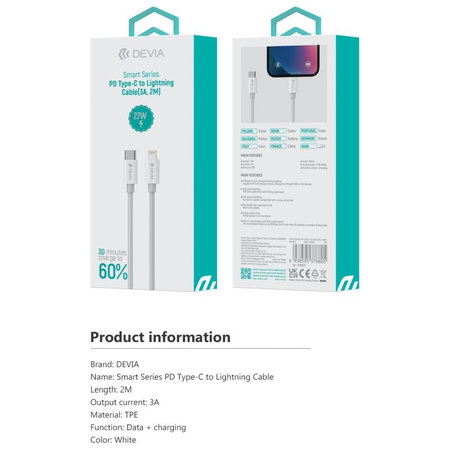 Καλώδιο Lightning / USB-C Smart, PD 27W, 2m, λευκό, Devia