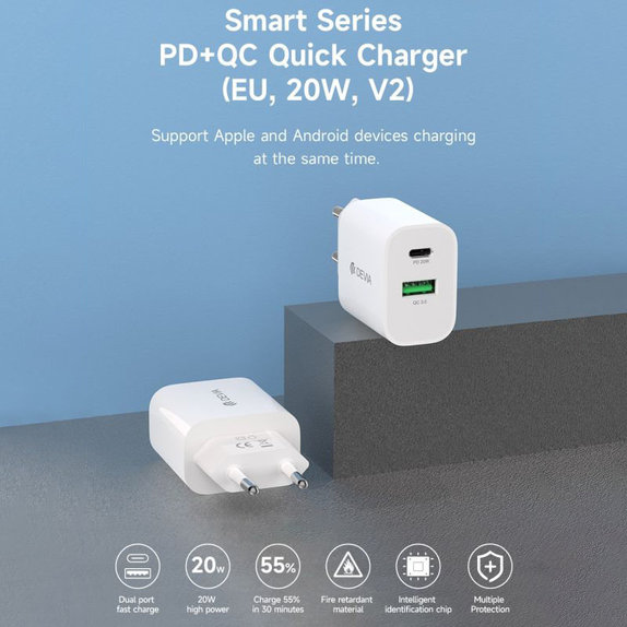 Φορτιστής Smart USB-C + USB-A, PD 20W, λευκός, Devia