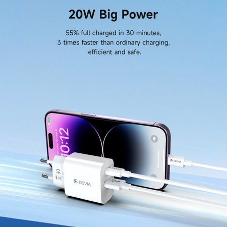 Φορτιστής Smart USB-C + USB-A, PD 20W, λευκός, Devia