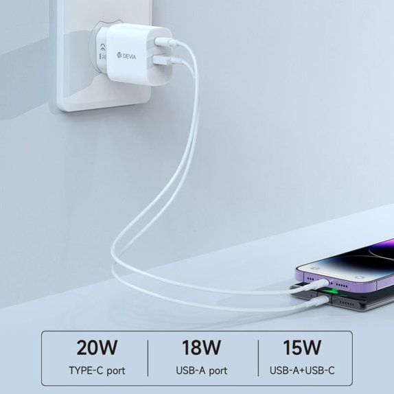 Φορτιστής Smart USB-C + USB-A, PD 20W, λευκός, Devia