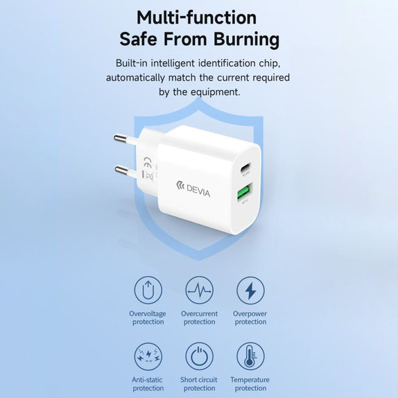 Φορτιστής Smart USB-C + USB-A, PD 20W, λευκός, Devia