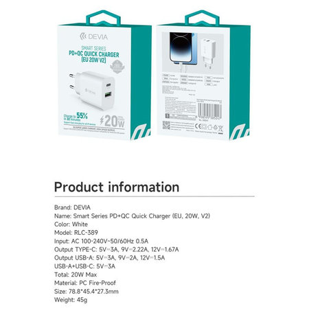 Φορτιστής Smart USB-C + USB-A, PD 20W, λευκός, Devia