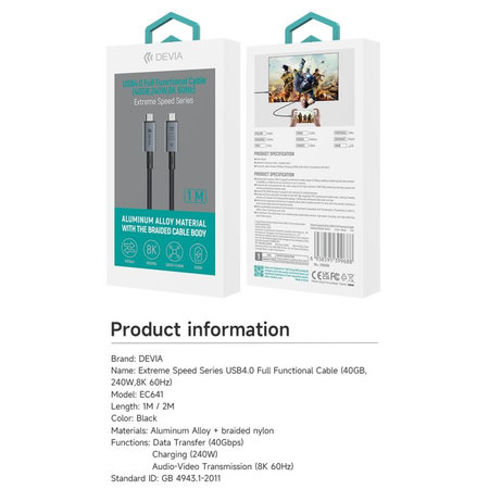 Καλώδιο USB-C / USB-C Extreme Speed, 240W, 8K 60Hz, 1m, μαύρο, Devia