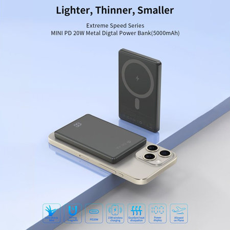 PowerBank MagSafe Extreme Speed Mini με οθόνη, PD 20W, 5000mAh, Space Grey, Devia