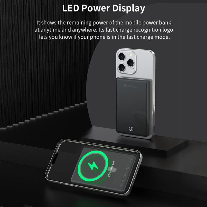 PowerBank MagSafe Extreme Speed Mini με οθόνη, PD 20W, 5000mAh, Space Grey, Devia