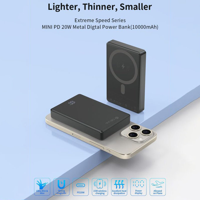 PowerBank MagSafe Extreme Speed Mini με οθόνη, PD 20W, 10000mAh, Space Grey, Devia