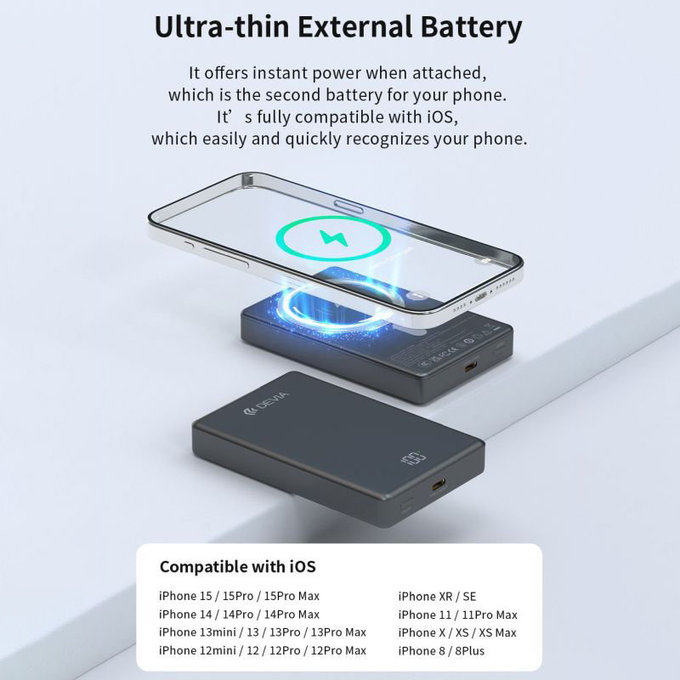 PowerBank MagSafe Extreme Speed Mini με οθόνη, PD 20W, 10000mAh, Space Grey, Devia