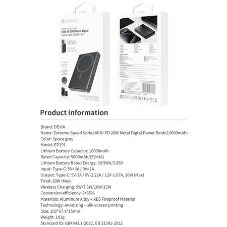 PowerBank MagSafe Extreme Speed Mini με οθόνη, PD 20W, 10000mAh, Space Grey, Devia