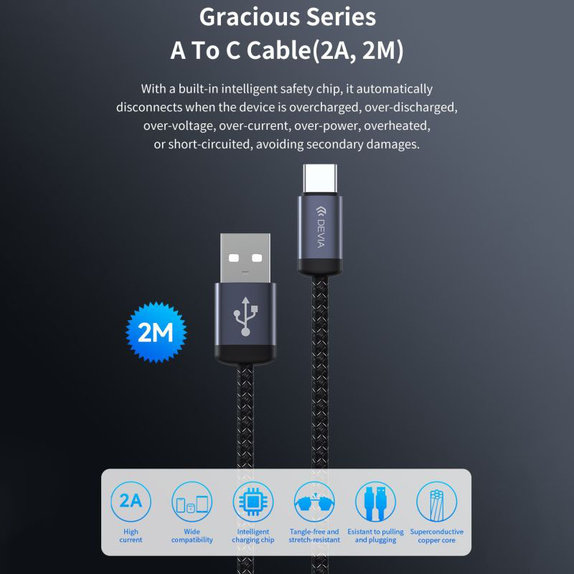 Καλώδιο USB / USB-C Gracious, 2.1A, 2m, μαύρο, Devia