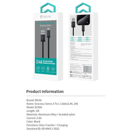 Καλώδιο Lightning / USB Gracious, 2,4A, 1m, μαύρο, Devia