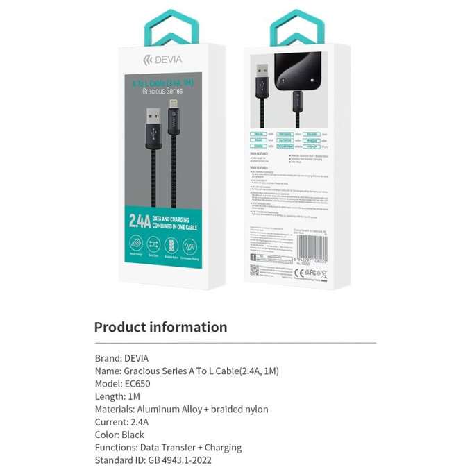 Καλώδιο Lightning / USB Gracious, 2,4A, 1m, μαύρο, Devia
