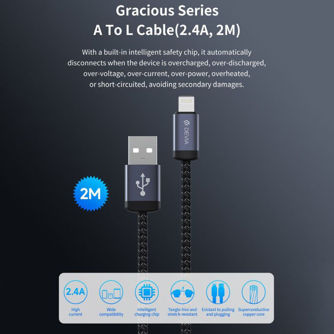 Καλώδιο Lightning / USB Gracious, 2,4A, 2m, μαύρο, Devia