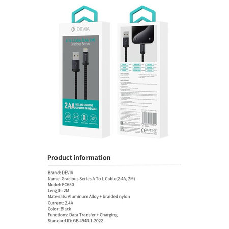 Καλώδιο Lightning / USB Gracious, 2,4A, 2m, μαύρο, Devia