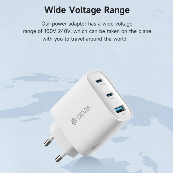 Φορτιστής Extreme Speed, 2x USB-C + USB-A, PD 65W, λευκός, Devia