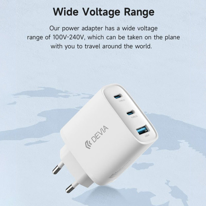 Φορτιστής Extreme Speed, 2x USB-C + USB-A, PD 65W, λευκός, Devia