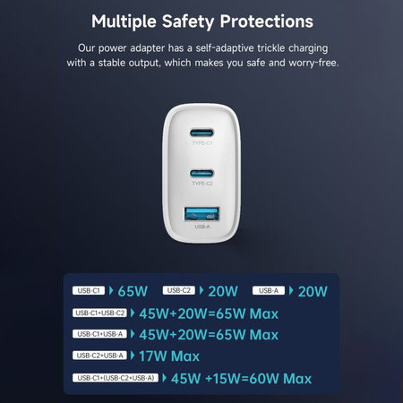 Φορτιστής Extreme Speed, 2x USB-C + USB-A, PD 65W, λευκός, Devia