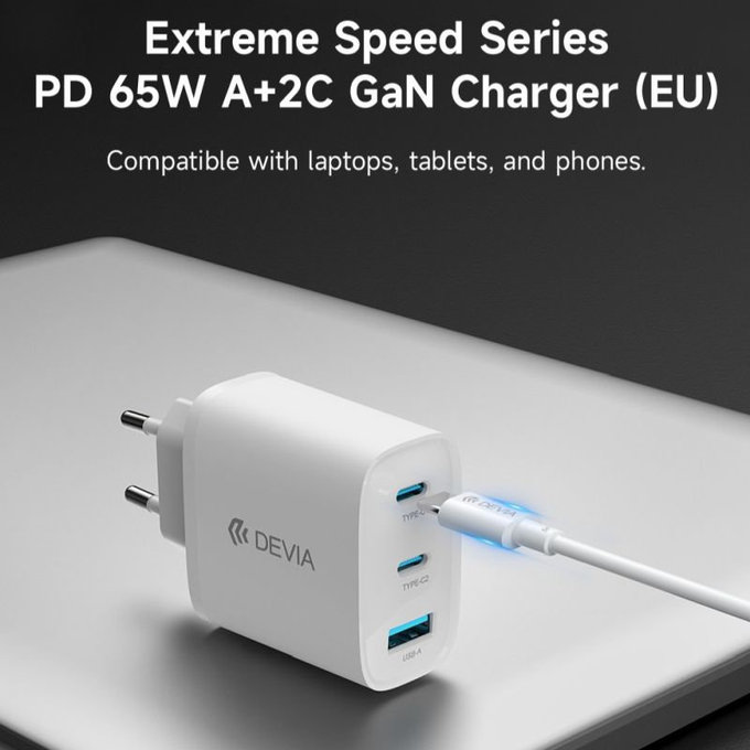 Φορτιστής Extreme Speed, 2x USB-C + USB-A, PD 65W, λευκός, Devia