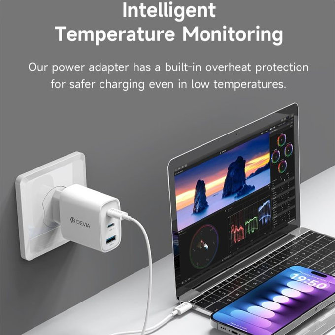 Φορτιστής Extreme Speed, 2x USB-C + USB-A, PD 65W, λευκός, Devia