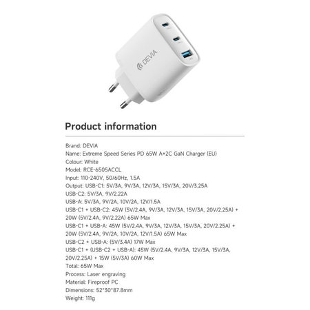 Φορτιστής Extreme Speed, 2x USB-C + USB-A, PD 65W, λευκός, Devia