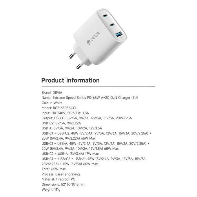 Φορτιστής Extreme Speed, 2x USB-C + USB-A, PD 65W, λευκός, Devia