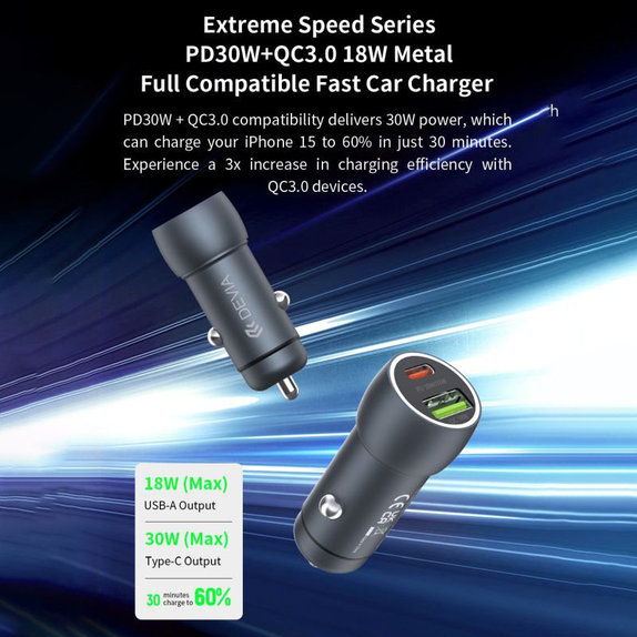 Φορτιστής αυτοκινήτου Extreme Speed USB-C + USB-A, PD 30W, QC 3.0 18W, γκρι, Devia