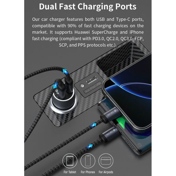 Φορτιστής αυτοκινήτου Extreme Speed USB-C + USB-A, PD 30W, QC 3.0 18W, γκρι, Devia