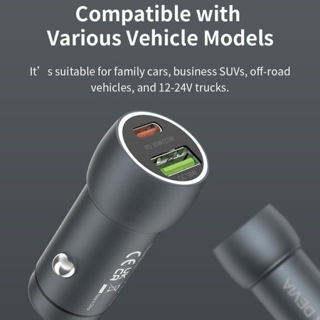 Φορτιστής αυτοκινήτου Extreme Speed USB-C + USB-A, PD 30W, QC 3.0 18W, γκρι, Devia