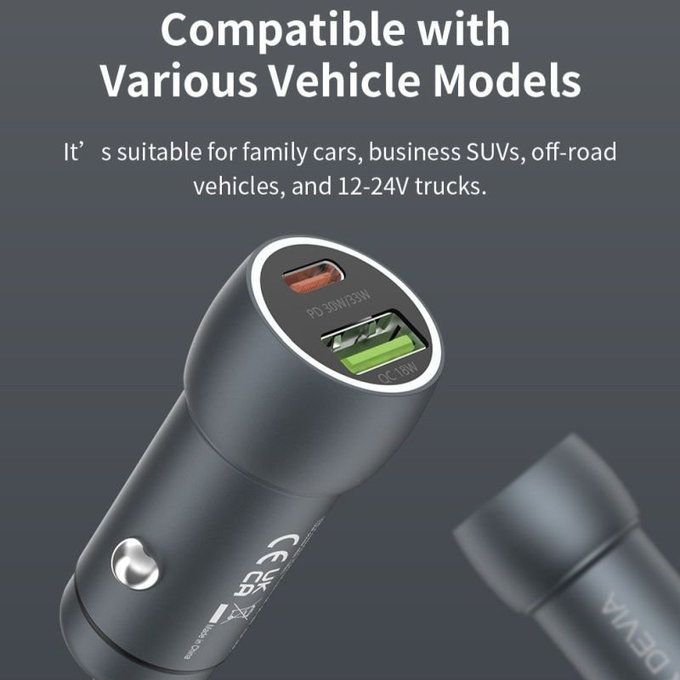 Φορτιστής αυτοκινήτου Extreme Speed USB-C + USB-A, PD 30W, QC 3.0 18W, γκρι, Devia