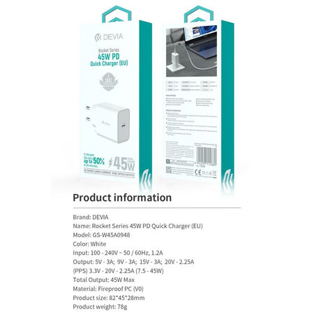 Φορτιστής Rocket USB-C, PD 45W, λευκός, Devia