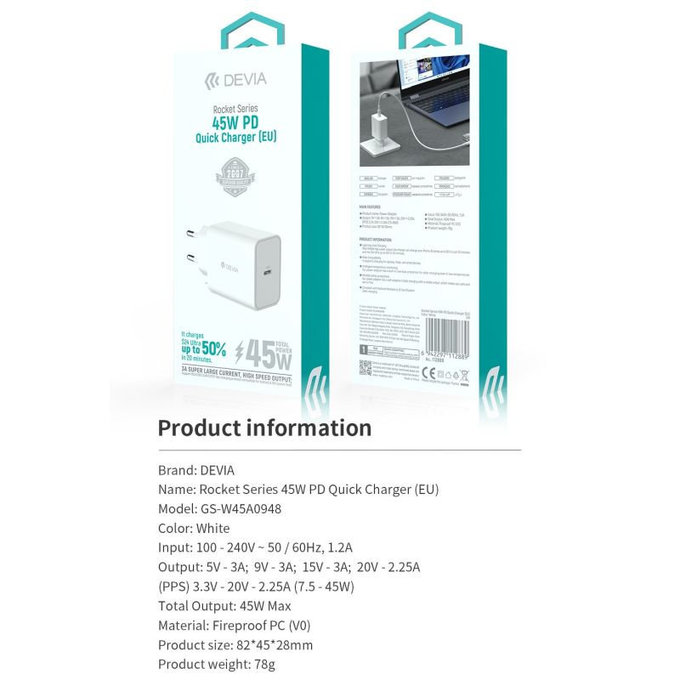 Φορτιστής Rocket USB-C, PD 45W, λευκός, Devia