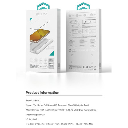 Tempered Glass FullCover με εφαρμοστή για iPhone 17 Pro, Devia