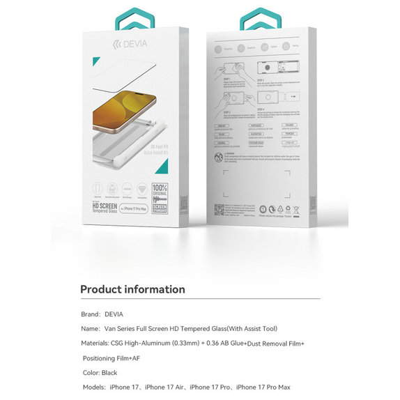 Tempered Glass FullCover με εφαρμοστή για iPhone 17 Pro Max, Devia