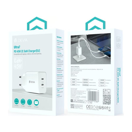 Φορτιστής Ultra7, 2x USB-C, PD 45W, λευκός, Devia