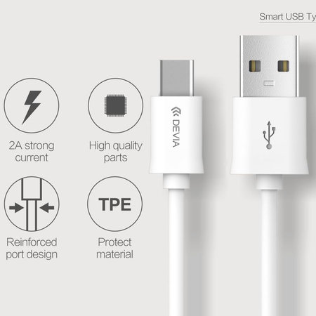 Καλώδιο USB / USB-C Smart, 2.1A, 1m, λευκό, Devia