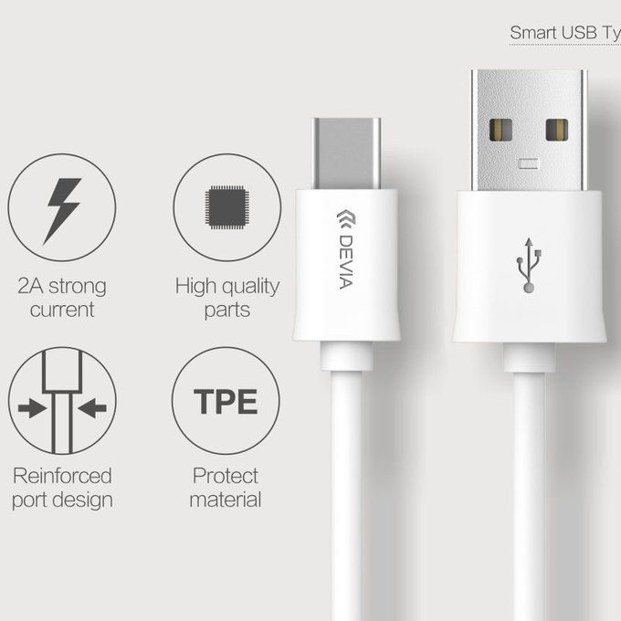 Καλώδιο USB / USB-C Smart, 2.1A, 1m, λευκό, Devia