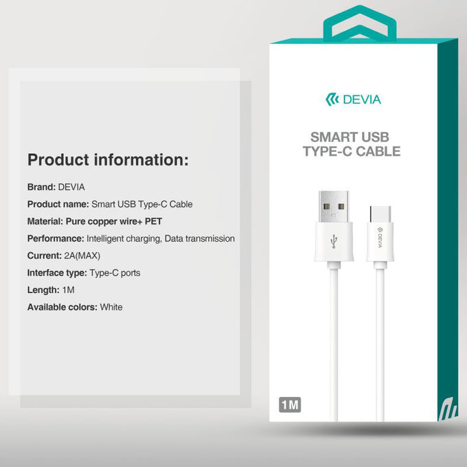Καλώδιο USB / USB-C Smart, 2.1A, 1m, λευκό, Devia