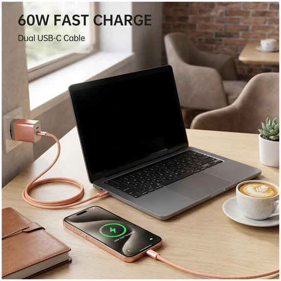 Καλώδιο USB-C / USB-C με Γρήγορη Φόρτιση, PD 60W, 2m, Πορτοκαλί, Orange
