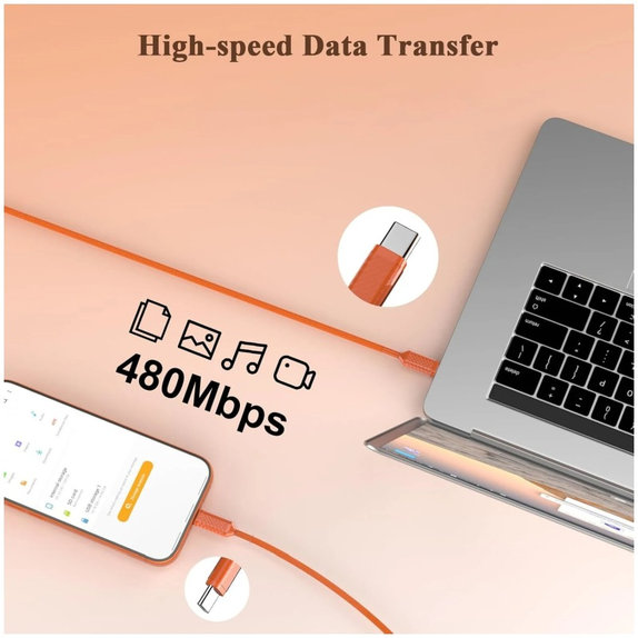 Καλώδιο USB-C / USB-C με Γρήγορη Φόρτιση, PD 60W, 2m, Πορτοκαλί, Orange
