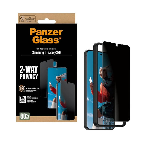 Σκληρυμένο γυαλί UWF 2-Way Privacy με εφαρμογέα για Samsung Galaxy S26, διάφανο, clear, PanzerGlass