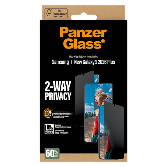 Σκληρυμένο γυαλί UWF 2-Way Privacy με εφαρμογέα για Samsung Galaxy S26+, Διάφανο, PanzerGlass