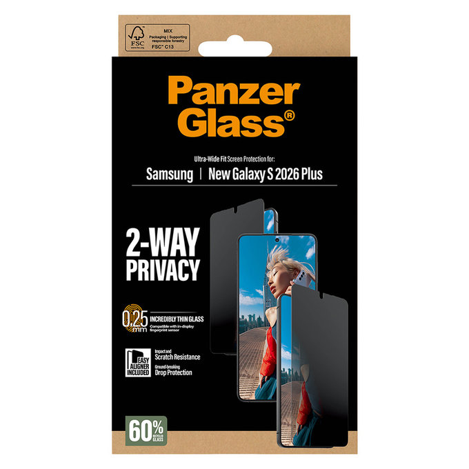 Σκληρυμένο γυαλί UWF 2-Way Privacy με εφαρμογέα για Samsung Galaxy S26+, Διάφανο, PanzerGlass