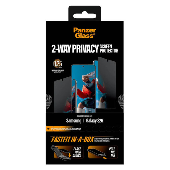 Σκληρυμένο γυαλί UWF 2-Way Privacy με FASTFIT In-A-Box για Samsung Galaxy S26, Διάφανο, PanzerGlass