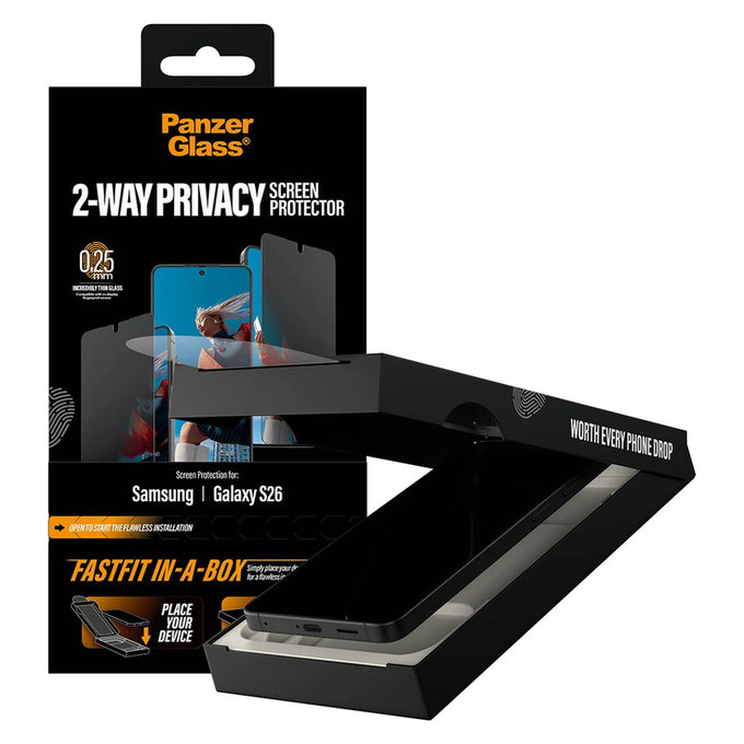 Σκληρυμένο γυαλί UWF 2-Way Privacy με FASTFIT In-A-Box για Samsung Galaxy S26, Διάφανο, PanzerGlass