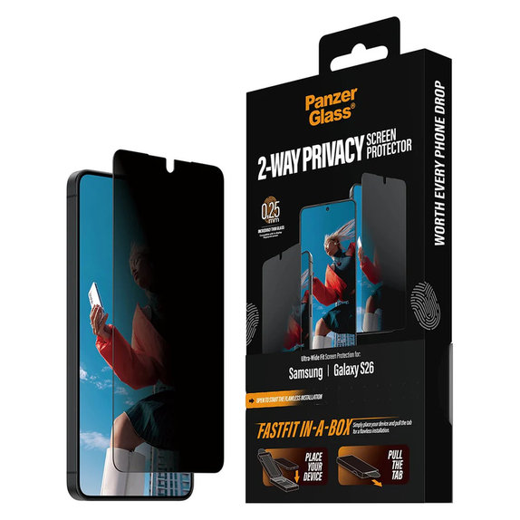 Σκληρυμένο γυαλί UWF 2-Way Privacy με FASTFIT In-A-Box για Samsung Galaxy S26, Διάφανο, PanzerGlass