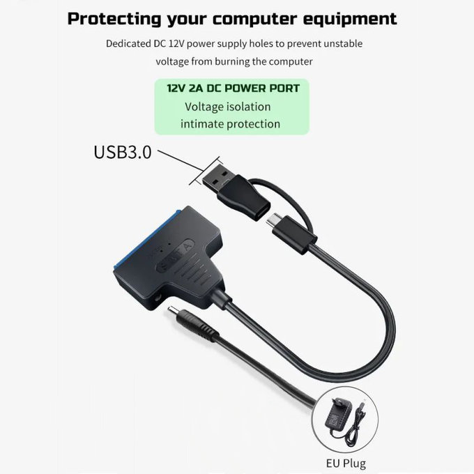 Αντάπτορας USB 3.0 / USB-C σε SATA για HDD/SSD 2.5" και 3.5", με τροφοδοτικό