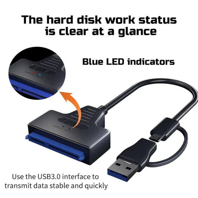 Αντάπτορας USB 3.0 / USB-C σε SATA για HDD/SSD 2.5" και 3.5", με τροφοδοτικό