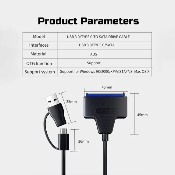 Αντάπτορας USB 3.0 / USB-C σε SATA για HDD/SSD 2.5" και 3.5", με τροφοδοτικό