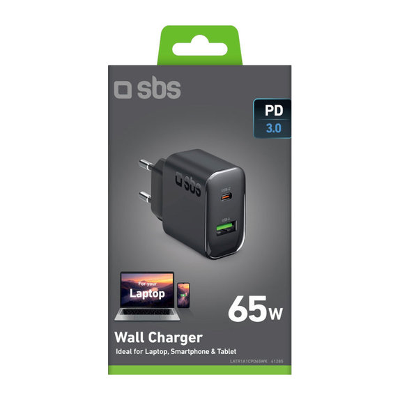 Ταξιδιωτικός αντάπτορας USB-A/USB-C, GaN, 65 W PD, μαύρο, SBS